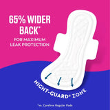Carefree Overnight Pads have a 65% wider back for maximum leak protection