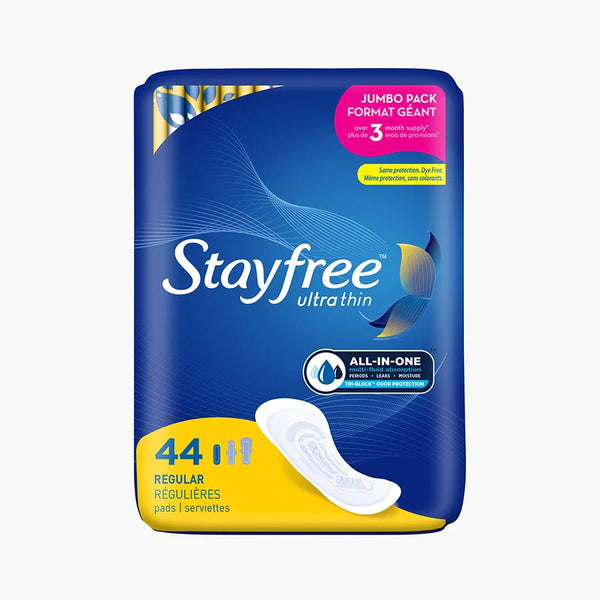 Stayfree Ultra Thin Regular Unscented Pads Without Wings 44 count pack front vertical view