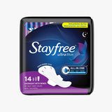 Stayfree Ultra Thin Overnight Unscented Pads With Wings 14 count pack front vertical view.