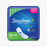 Stayfree Maxi Super Unscented Pads Without Wings 66 count jumbo pack front horizontal view.