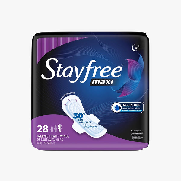 Stayfree Maxi Unscented Overnight Pads With Wings 28 count pack front horizontal view. 