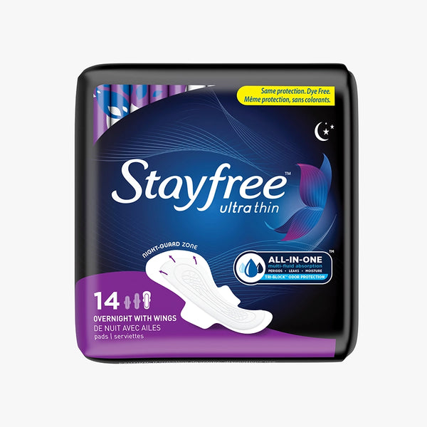 Stayfree Ultra Thin Overnight Unscented Pads With Wings 14 count pack front vertical view.