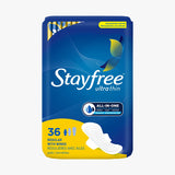 Stayfree Ultra Thin Regular Unscented Pads With Wings 36 count pack front vertical view.