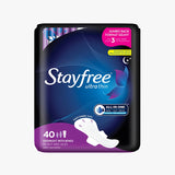 Stayfree Ultra Thin Unscented Overnight Pads With Wings 40 count front vertical view. 