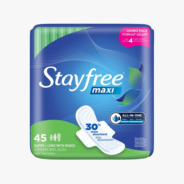 Stayfree Maxi Super Long Unscented Pads With Wings 45 count jumbo pack front vertical view. 